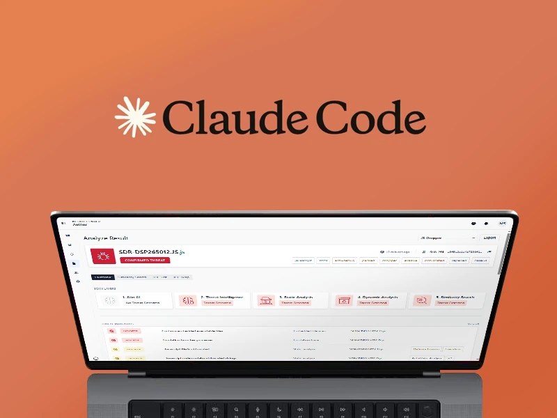 Claude Code logo above a MacBook showing the threat report prototype