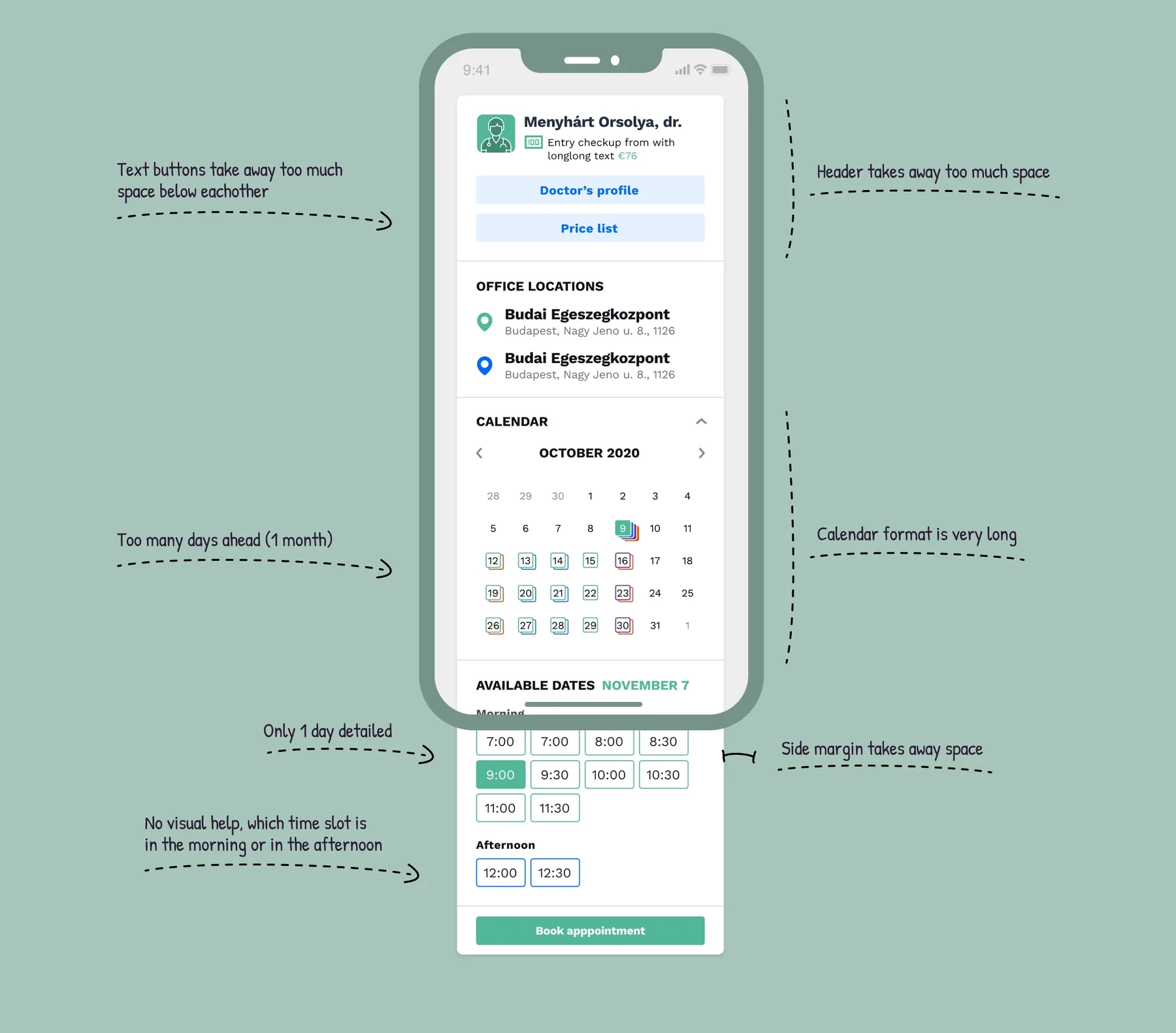 Annotated screenshot of the original doctor card with a month calendar